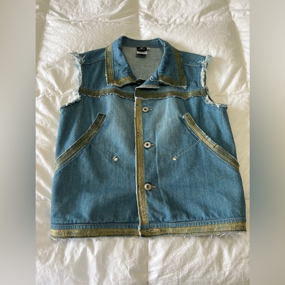 Versace Jeans Couture Blue Denim Distressed Sleeveless Vest Size Medium.